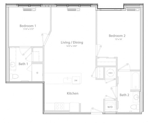 Floor plan for 2 beds, 2 baths, 1020 sqft